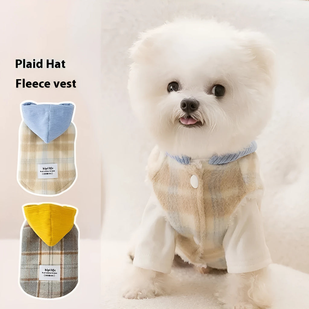 Blue corduroy dog vest with chessboard pattern and hood, size guide showing weight ranges