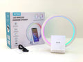 White rectangular smart Bluetooth speaker with integrated wireless charging pad and ambient lighting