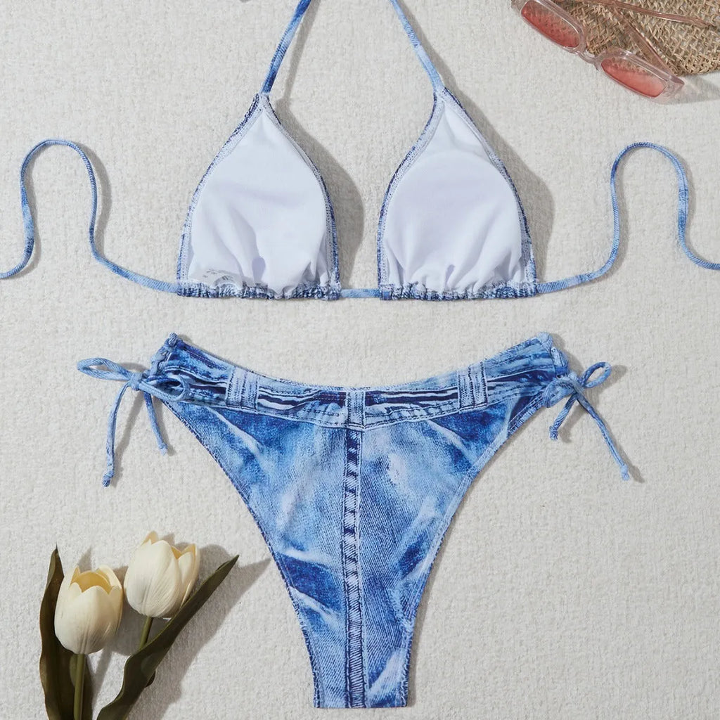 Women's denim blue printed bikini set with strap design and nylon-spandex fabric