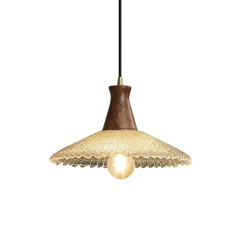 Woodcraft brass and glass ceiling chandelier for restaurant lighting in three available sizes.