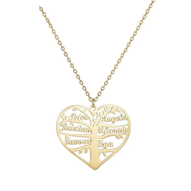 Personalised stainless steel name necklace with hollow heart and tree design pendant on an adjustable chain.