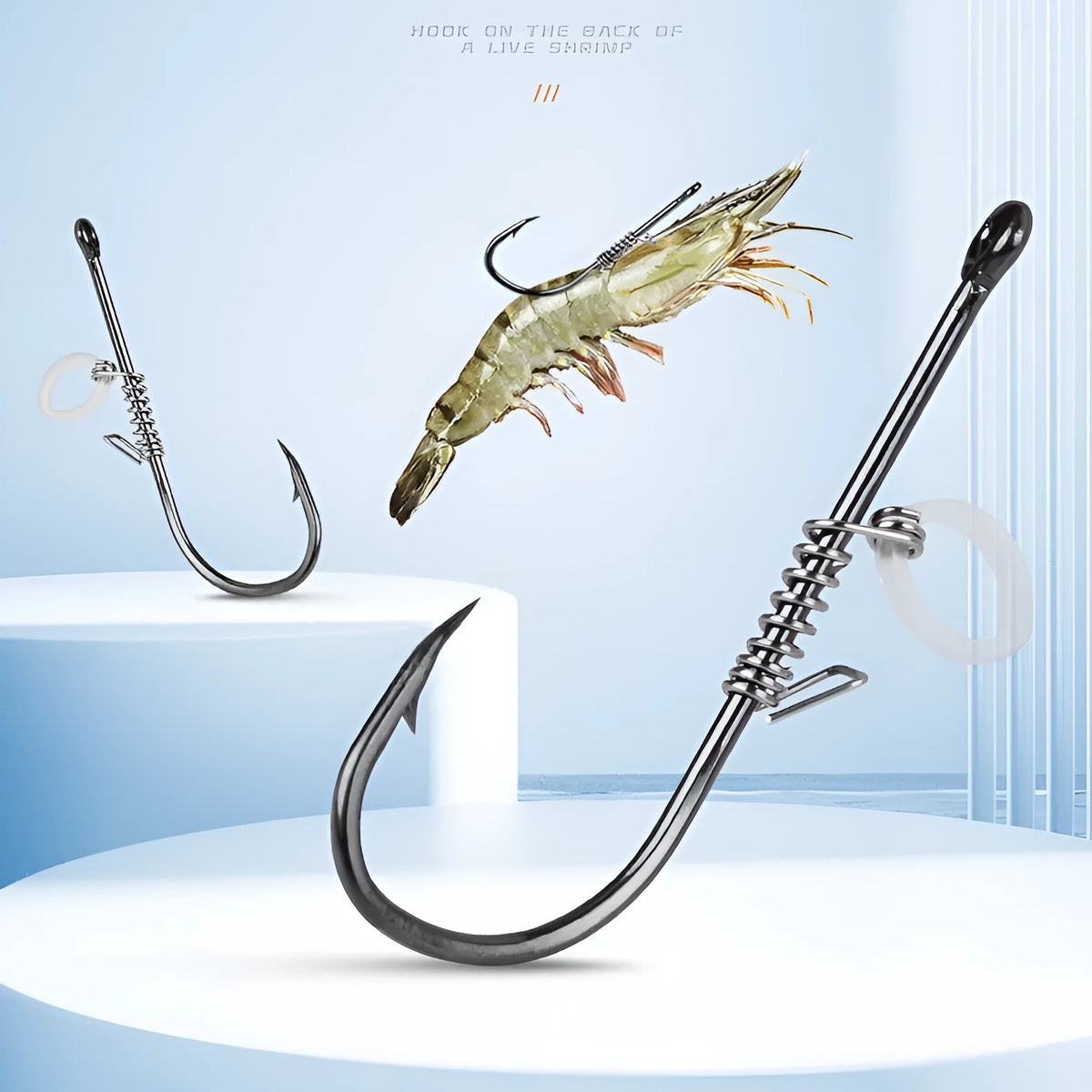 Spring rubber band sea fishing lure for live shrimp with barbed hook, sizes 2/0 to 5/0, pack or box of 4 or 10 pieces.