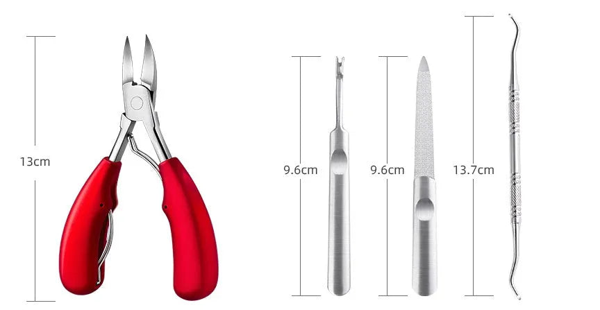 Stainless steel nail clipper and foot care scissors set with coloured ABS handles.