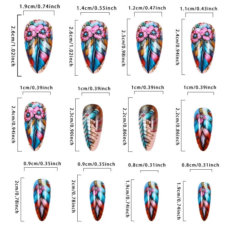 Plastic nail art set with retro designs of colourful feathers, flowers, butterflies, and love hearts.