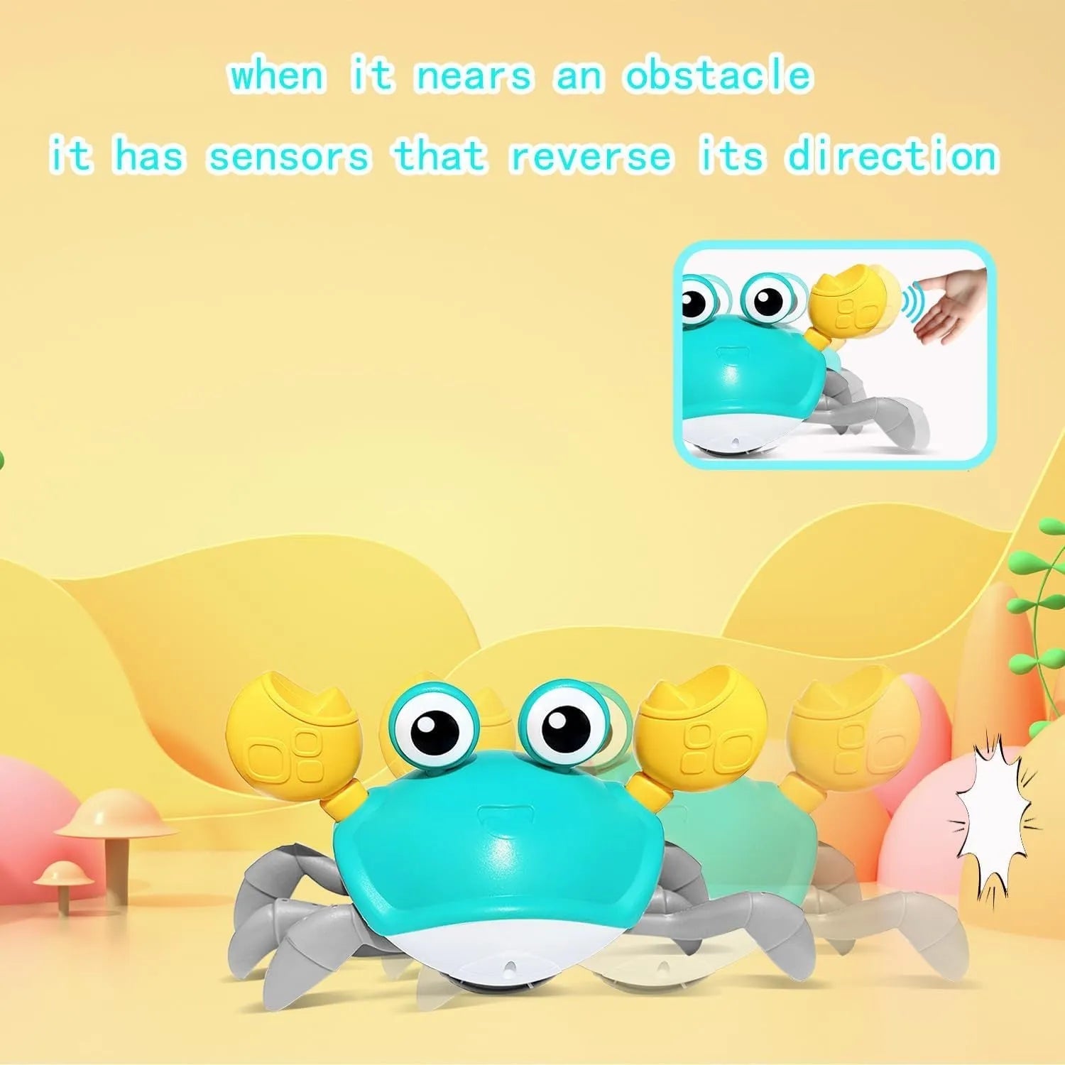 Blue or red crawling crab dog toy with obstacle avoidance sensors on a surface