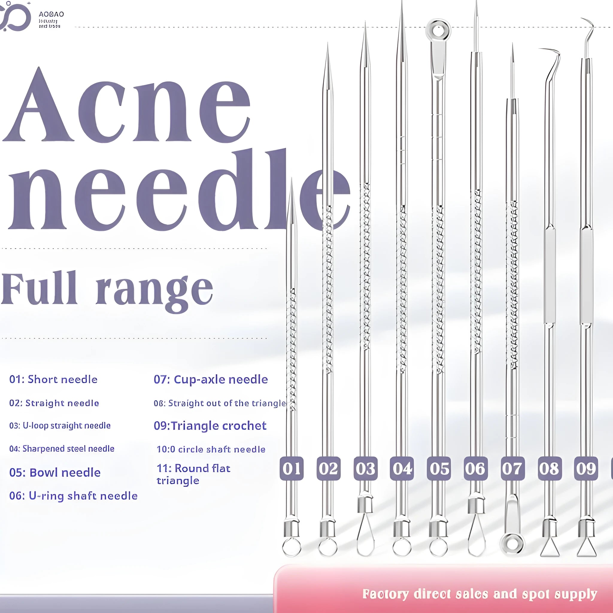 Four silver metal acne needles with ultra-fine pointed tips for blackhead extraction.