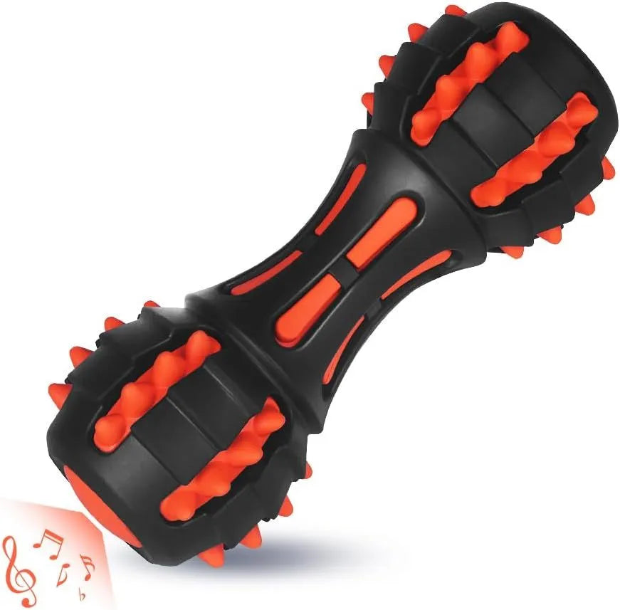 Red dumbbell-shaped dog chew toy made of natural rubber with textured surface