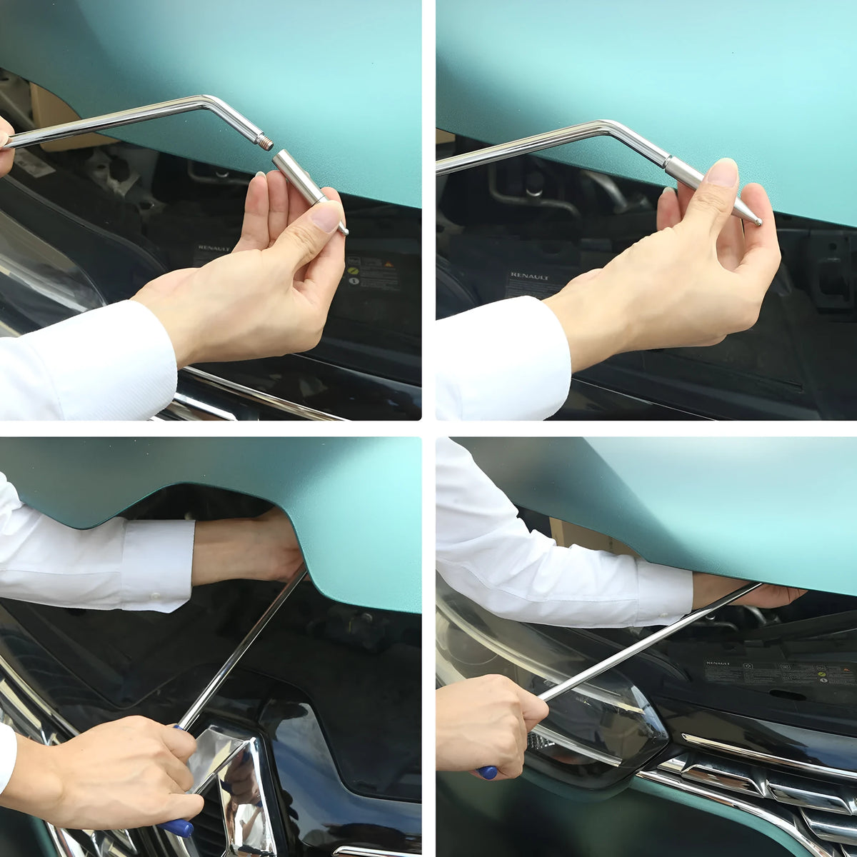 Three-piece alloy steel car dent repair tool set with hook crowbars for automotive body panel maintenance