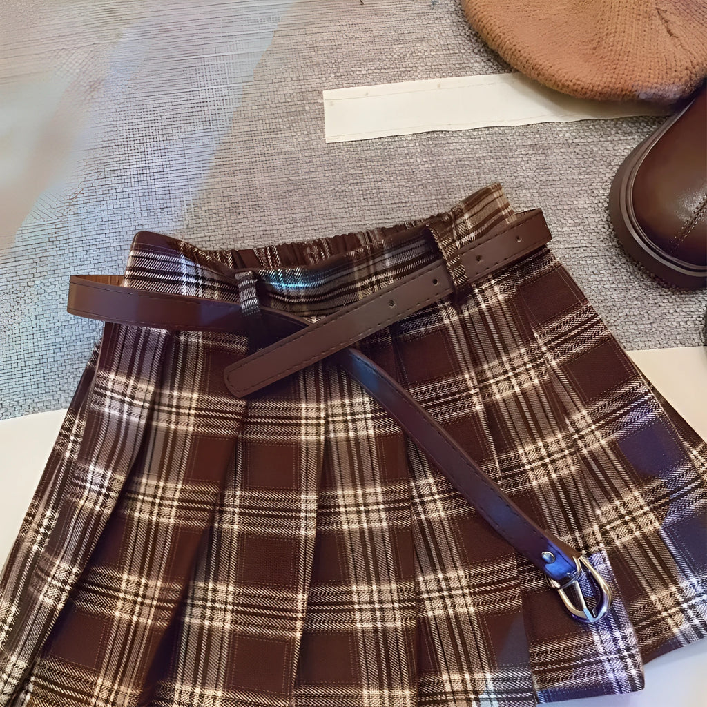 Girls plaid pleated A-line skirt in cotton-blend fabric, shown on a hanger.