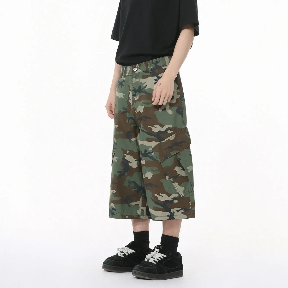 Men's camouflage cotton trousers with wide leg loose fit and American side stitching