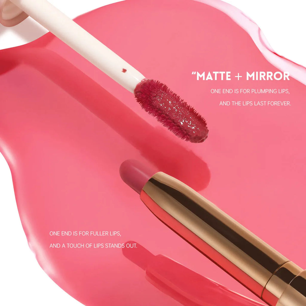 Double-headed lipstick and lip gloss in matte finish, showing ten different shade colour options.
