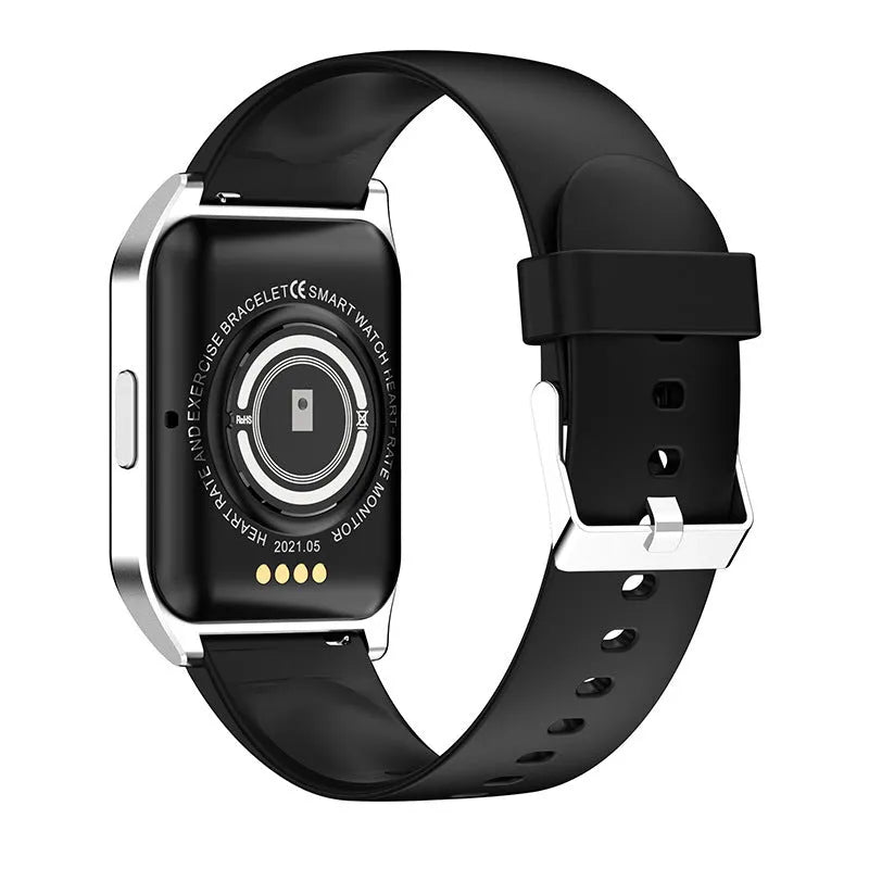 Black smart watch with heart rate monitor and Bluetooth calling on a silicone strap.