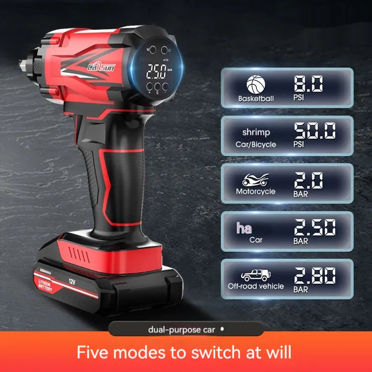 Red and black portable car air pump with digital display, power cable, and multiple nozzle attachments