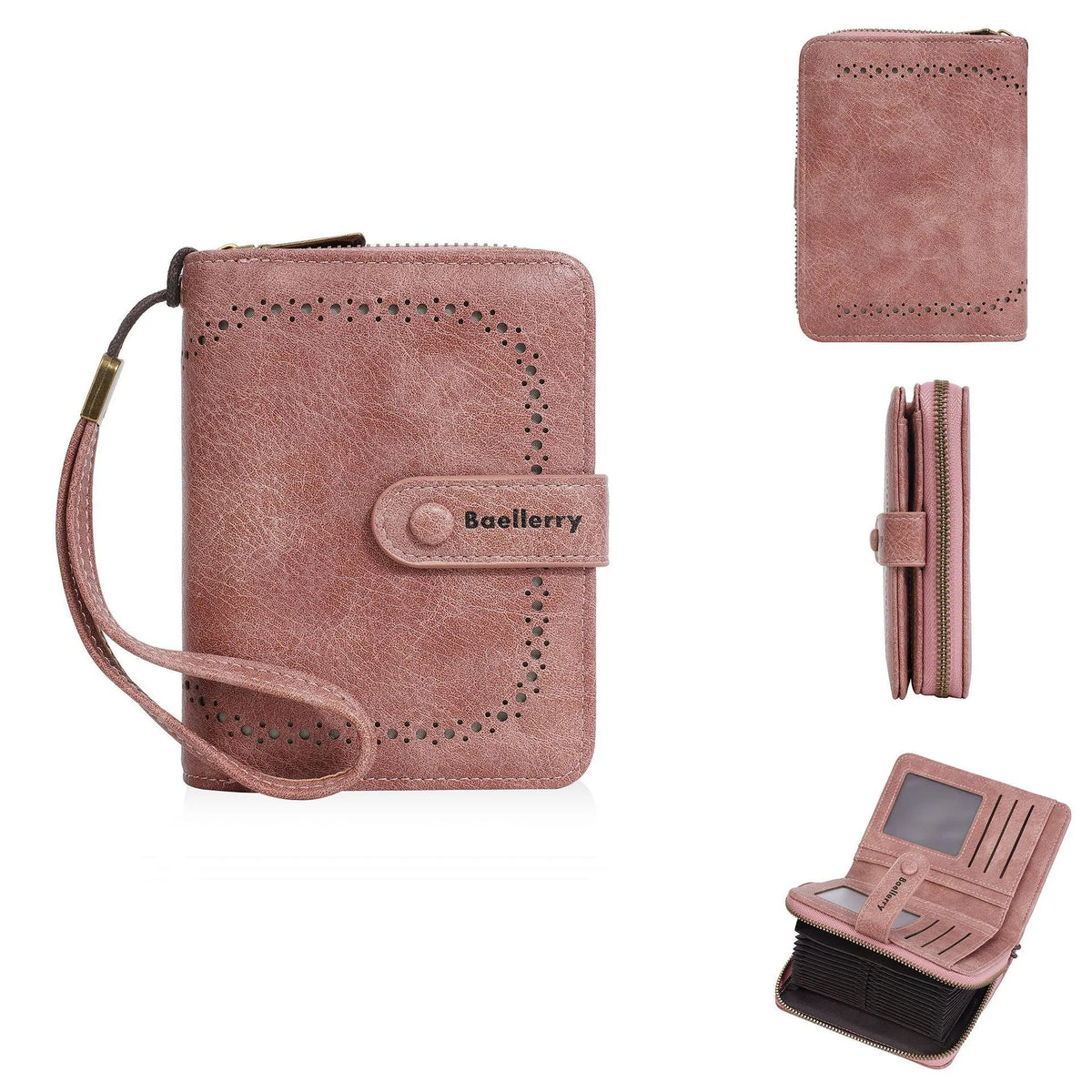 Women's compact black PU leather zip coin purse wallet open to show card slots and coin compartment.