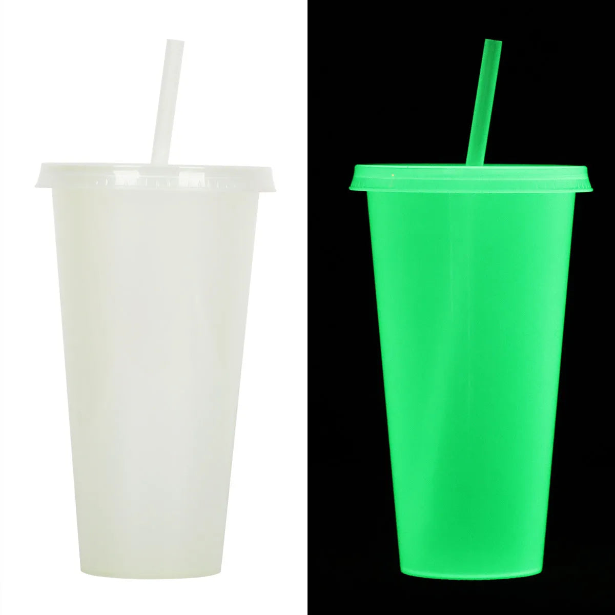720ml luminous plastic sippy cup with straw for Halloween, cylindrical shape with purple/green glow