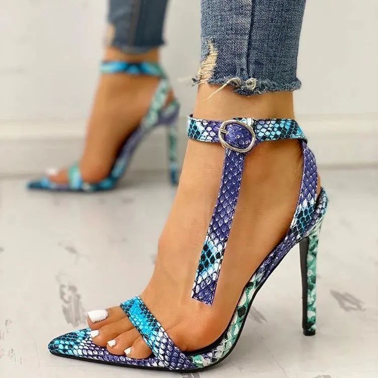 Blue women's high heel shoes with hollow out design and buckle closure