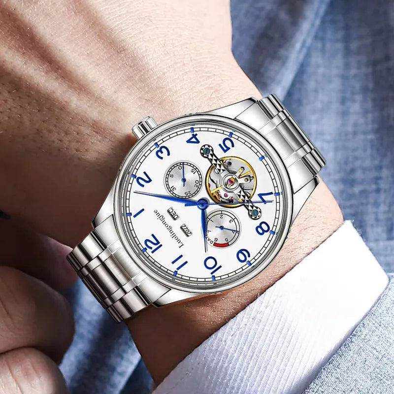 Men's mechanical business watch with hollow design showing movement and sapphire crystal glass