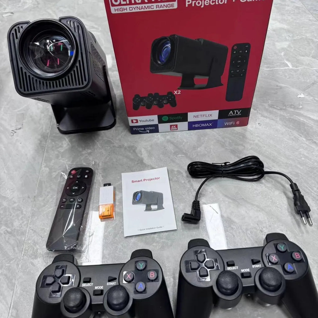 Wireless home gaming projector with HD 720p resolution displayed alongside gaming console