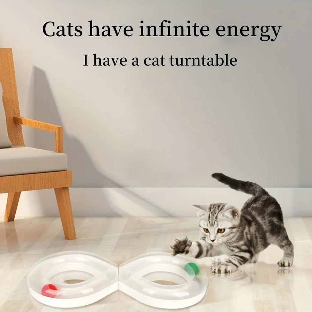 Blue and white plastic cat toy set with turntable track, tease sticks, and balls on a 50cm base