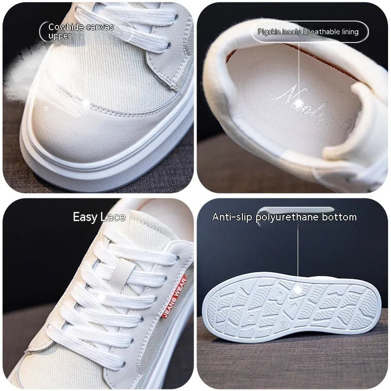 Women's pink leather board shoes with thick white soles on a neutral background