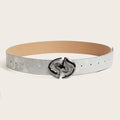 Women's thick retro belt with oval alloy buckle in PU leather, earth style grey white colour