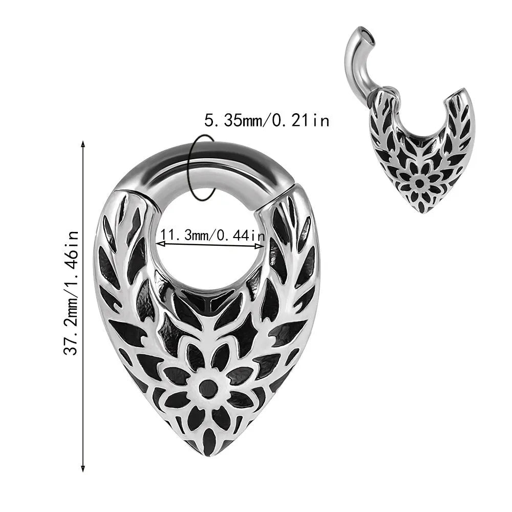 Stainless steel ear extender with drop-shaped auricle design and totem patterns in silver tone