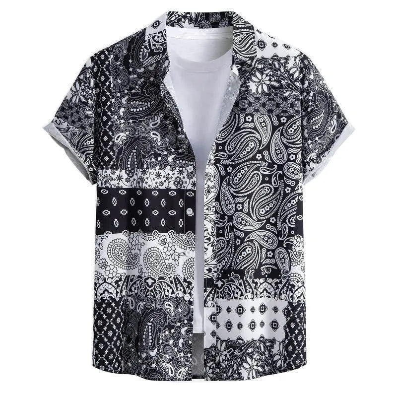 Men's slim fit Hawaiian short sleeve shirt with digital print pattern on elastic polyester fabric