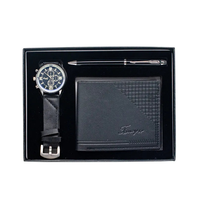 Brown and black gift set box containing a watch, a leather-look wallet, and a pen for business or personal gifting.