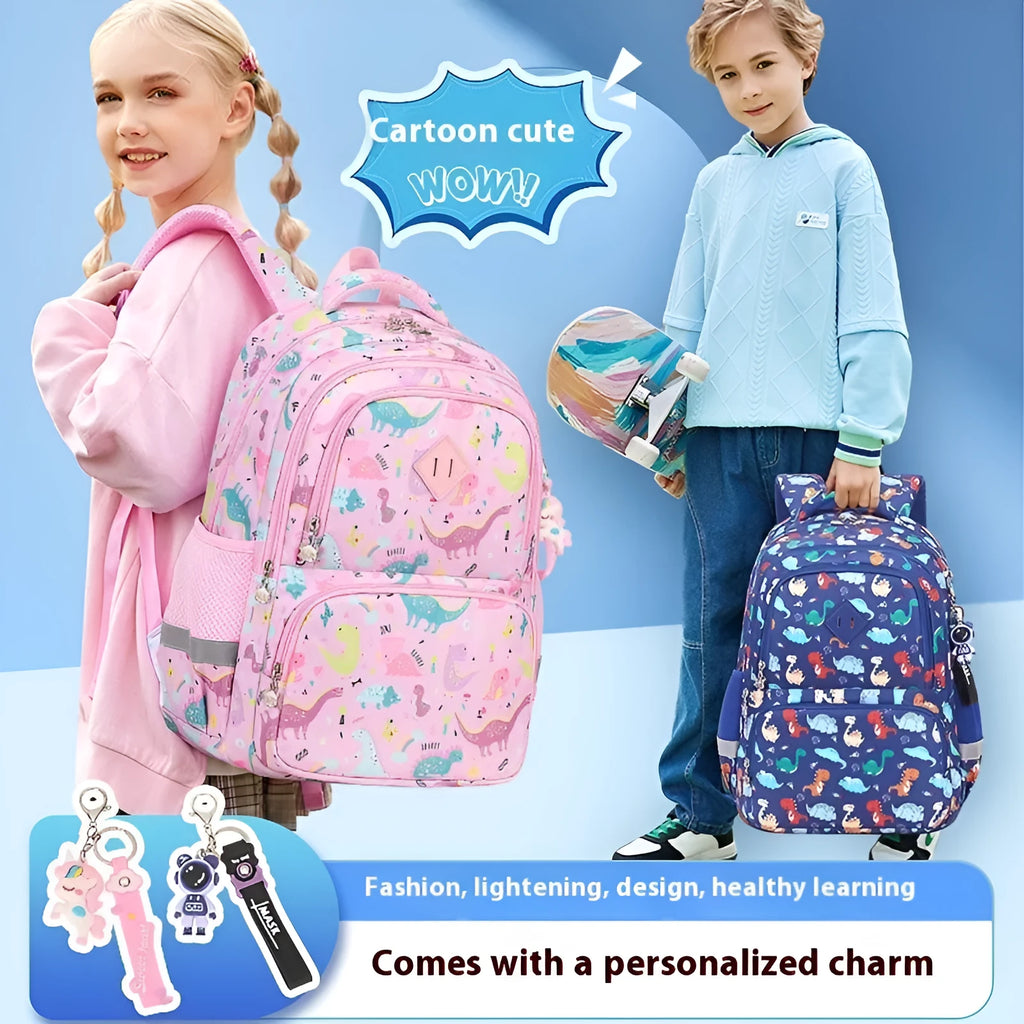 Waterproof Oxford cloth children's school backpack with dinosaur print design and curved shoulder straps
