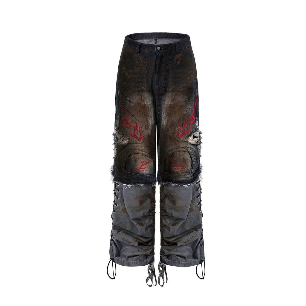 Men's light blue retro jeans with detachable trouser legs, showing wide-leg loose fit.