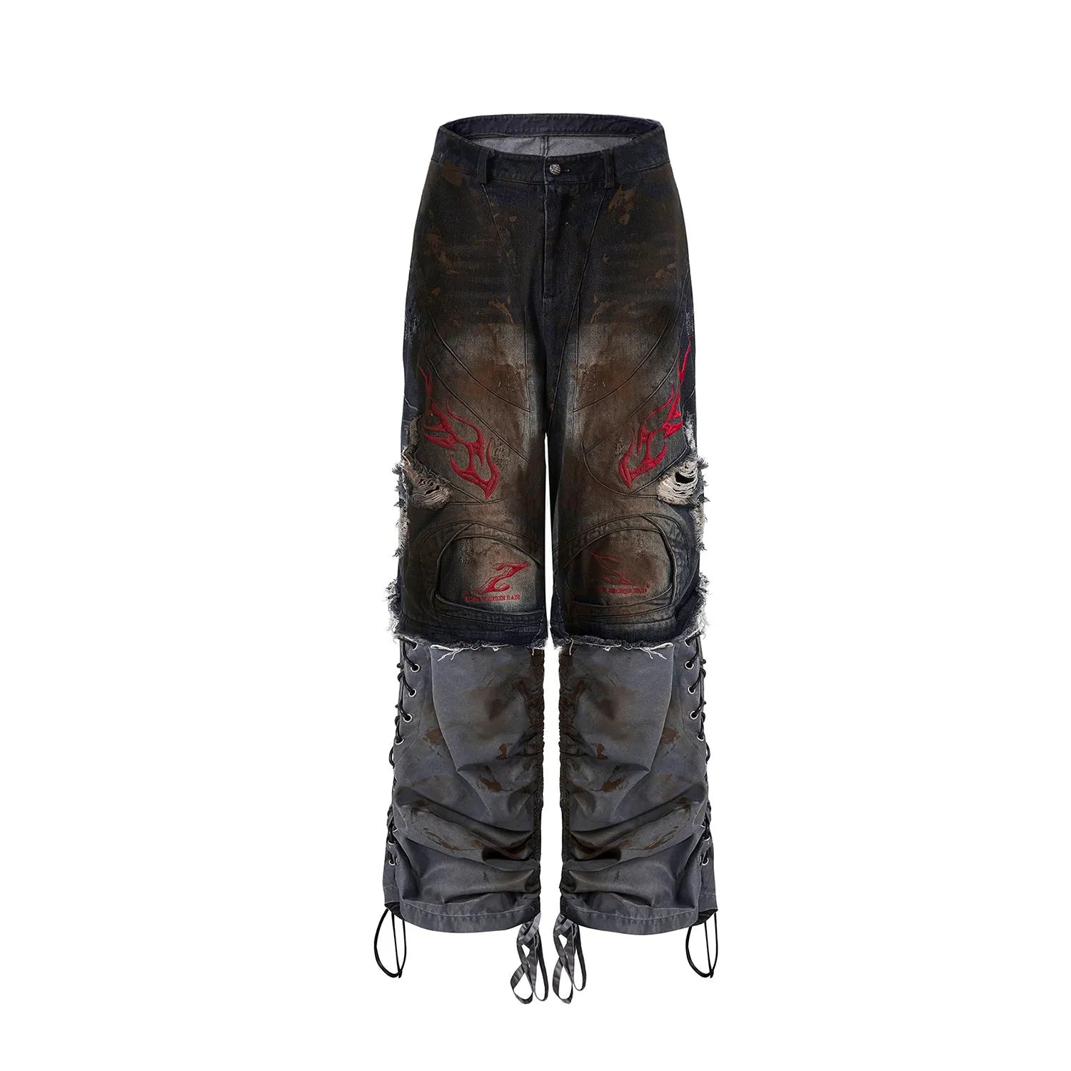Men's light blue retro jeans with detachable trouser legs, showing wide-leg loose fit.