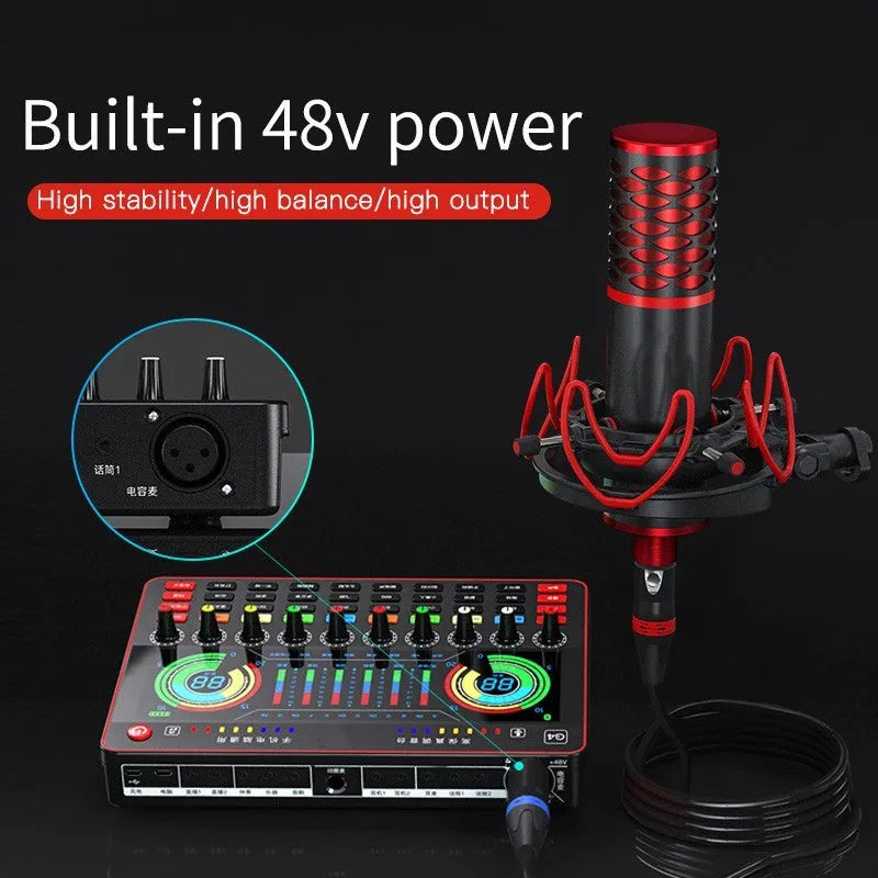 Professional G4 sound card set with colour LCD display, multiple control knobs, and included microphone.