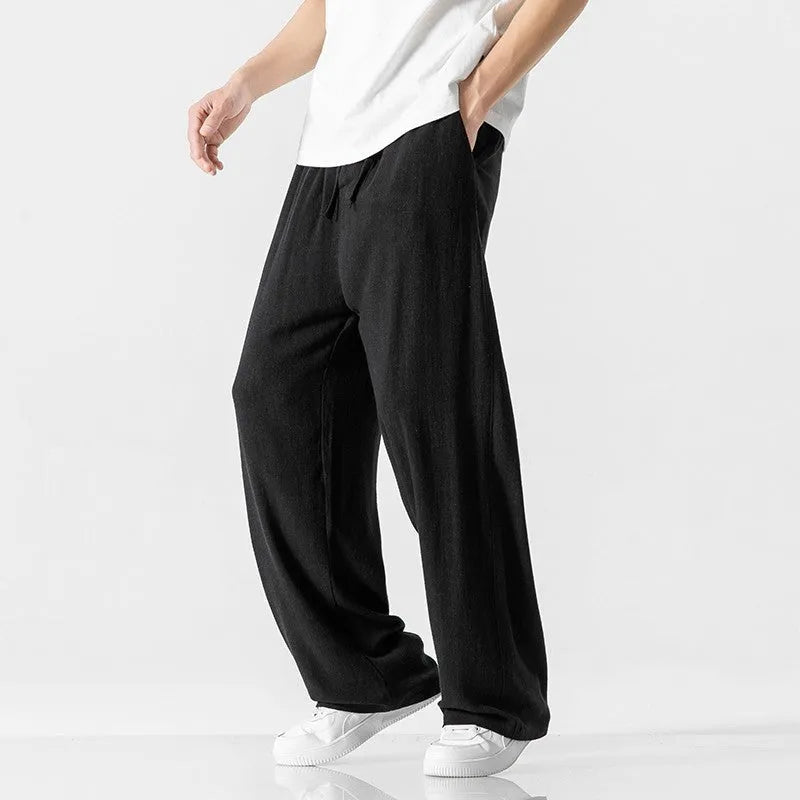 Men's bamboo fibre summer trousers in cropped straight-leg style with drawstring waistband