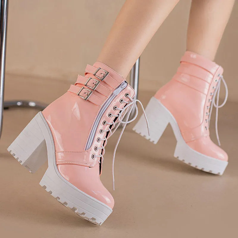 Women's black ankle boots with 6-8cm heel, waterproof platform, and front lace-up design