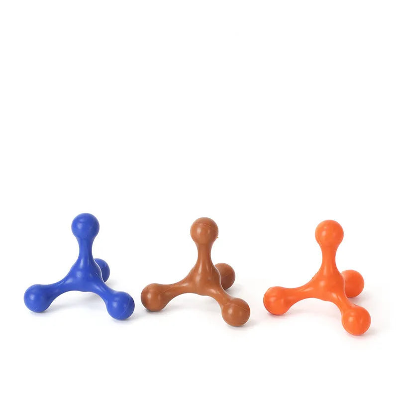 Blue silicone three-leg chew toy for small to medium dogs on white background