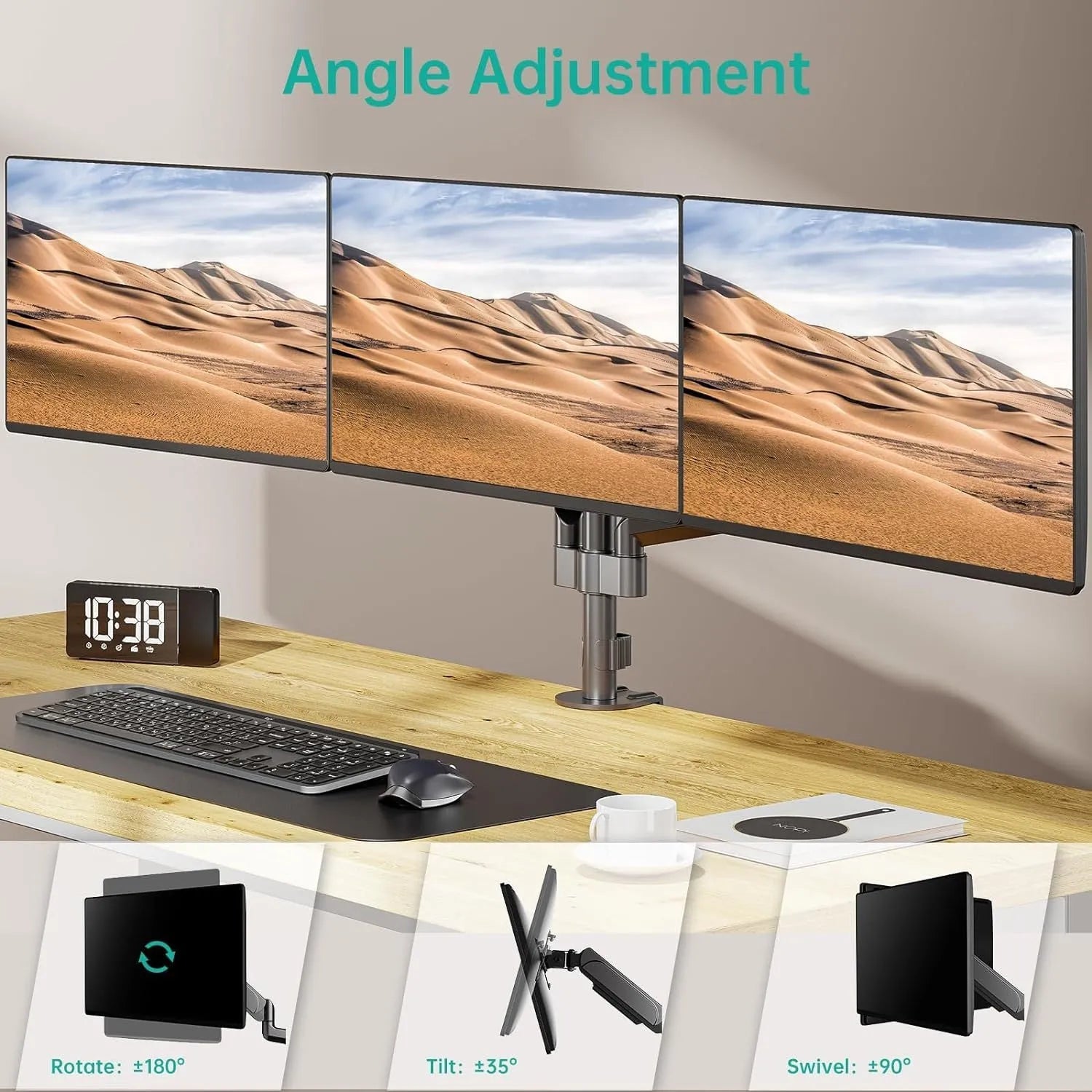 Black three-arm gas spring computer monitor mount for 13-27 inch screens with aluminium alloy construction