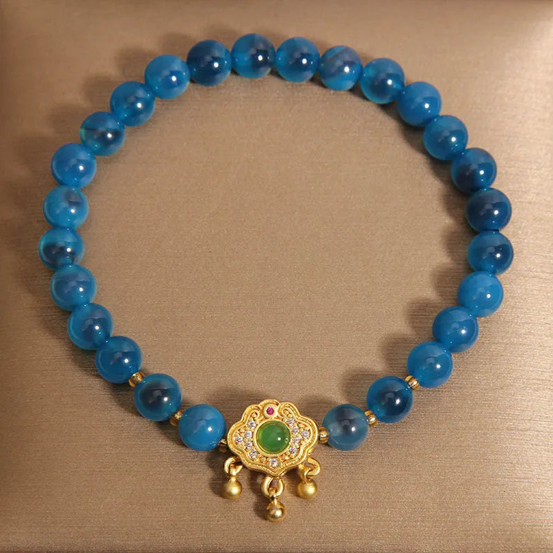 Blue sugar heart agate safety lock pendant women's bracelet with crystal and rhinestone decoration