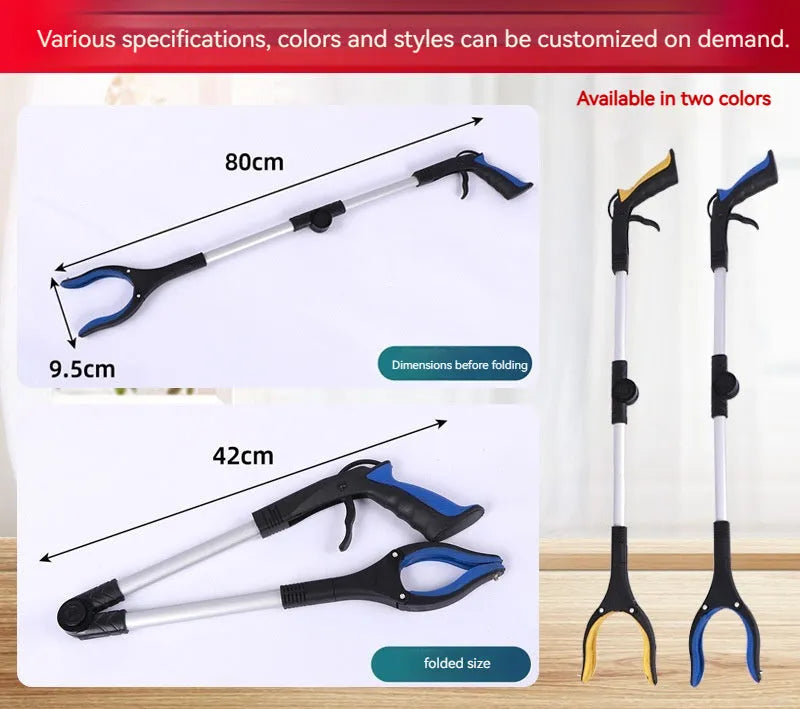 Foldable aluminium garbage pick-up clamp with magnetic end, shown extended and with blue handle.
