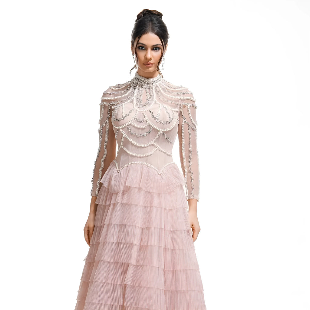 Women's long sleeve beaded dress in polyester with three-dimensional decoration and mid waist design