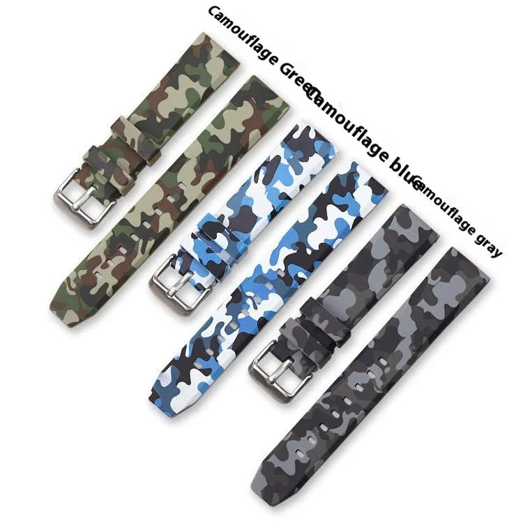 Green camouflage silicone watch strap with flat head design showing 20mm width and adjustable length