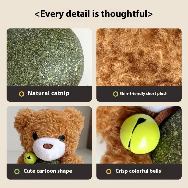 Brown bear plush cat toy with catnip ball and bell for kittens and cats