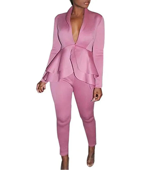 Women's ruffled top and pencil pants business uniform set in various colours