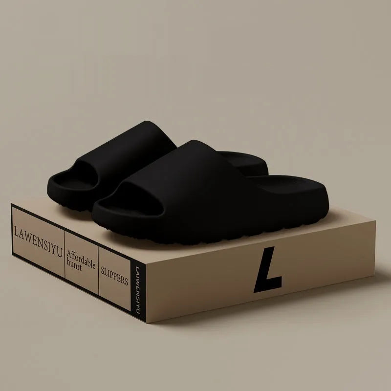 Women's thick-soled EVA beach slippers in beige, black, brown, or green on a plain background.
