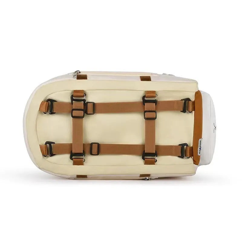 Beige hard-sided pet travel crate with a one-shoulder carry strap, shown with dimensions 43cm by 25cm by 22.5cm.
