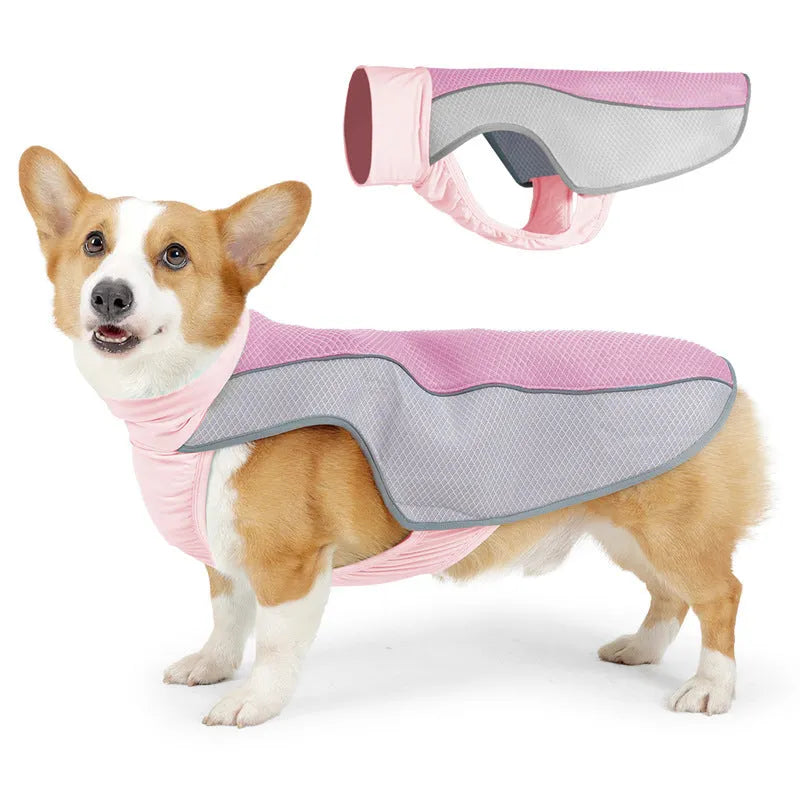 Light grey polyester dog cooling vest showing back length measurement on medium-sized dog