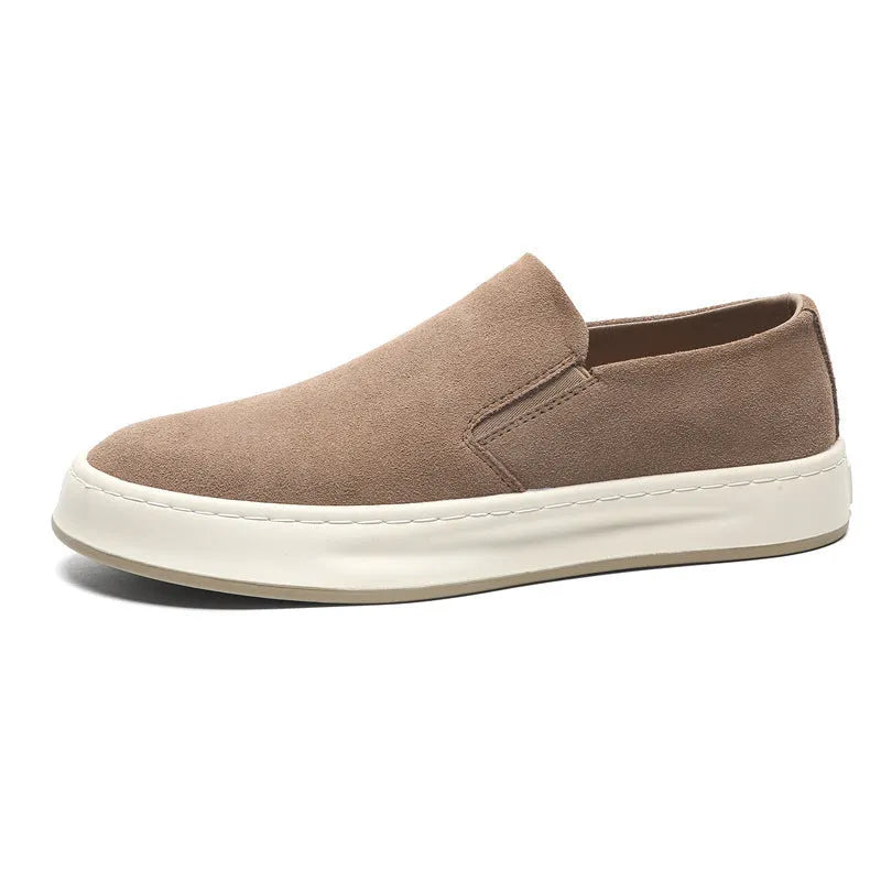 Men's slip-on casual shoes in apricot with round toe, sewing detail, and a mid-height rubber sole.