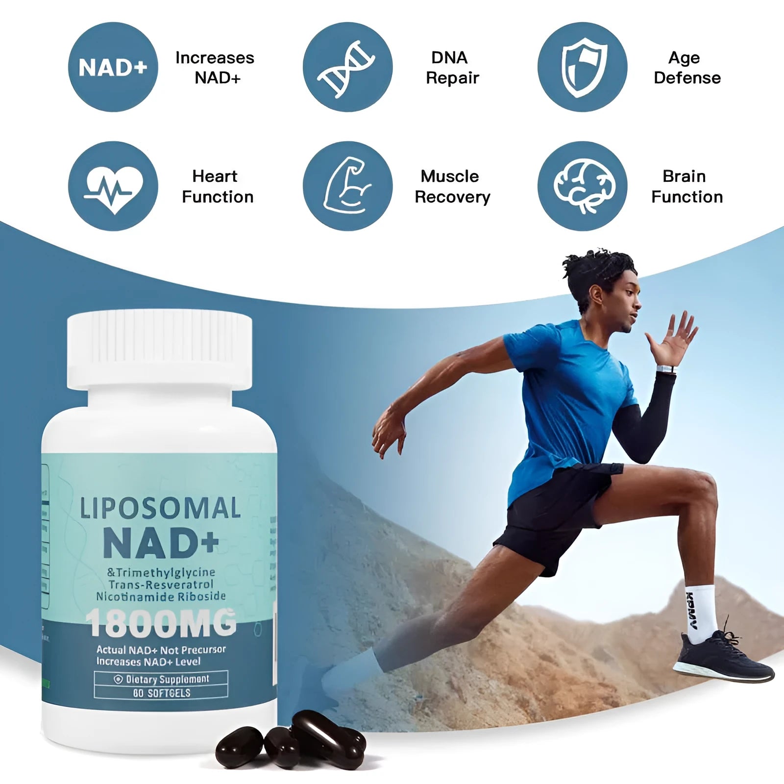 Bottle of Nicotinamide Mononucleotide Gel capsules with a choice of 60 or 120 pieces.