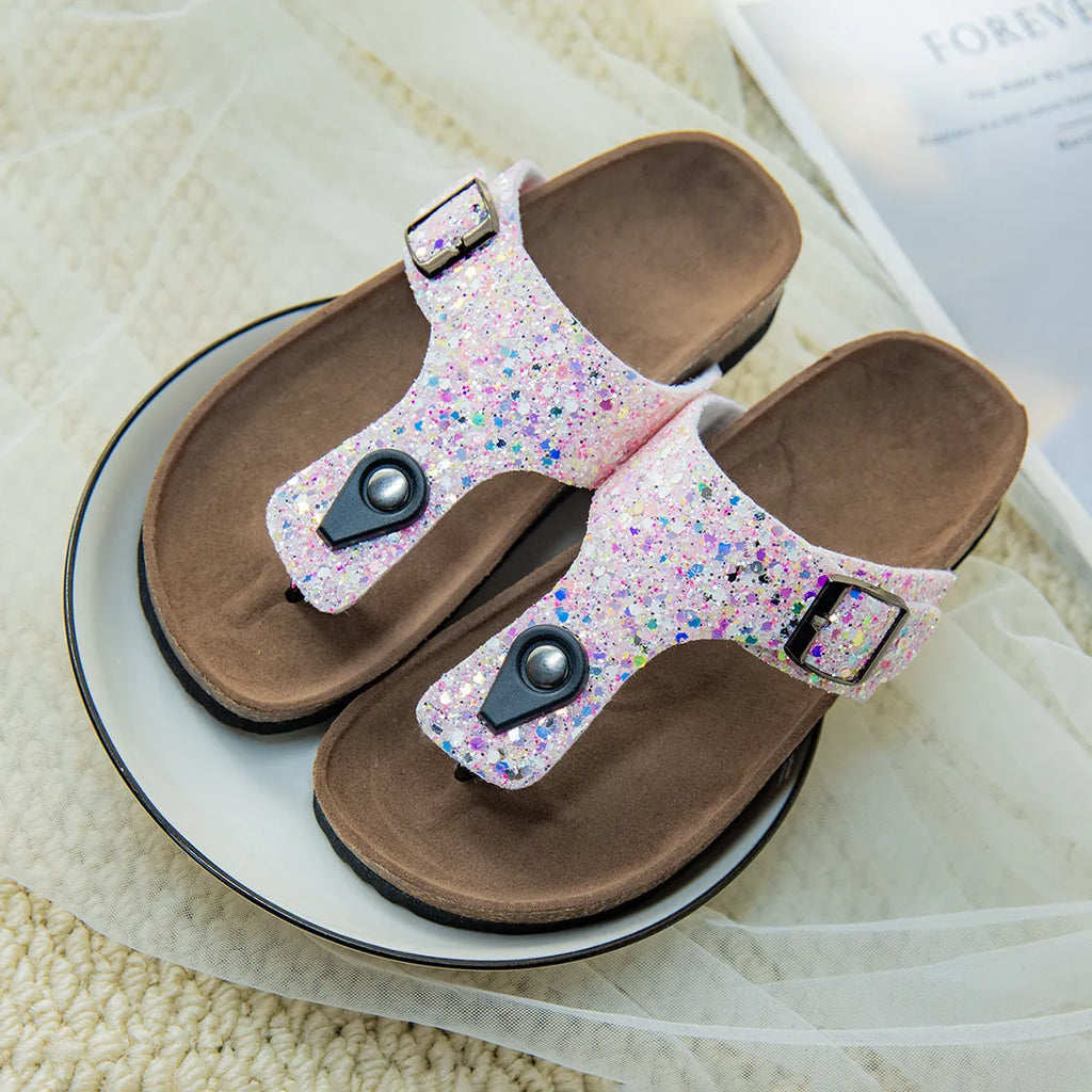 Gold pink silver cork flip-flops couples beach sandals with frosted artificial leather upper and PVC sole