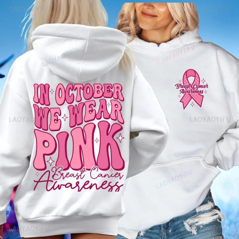 Pink Breast Cancer Awareness hooded sweatshirt with art retro pattern, side pocket, and hot stamping detail.