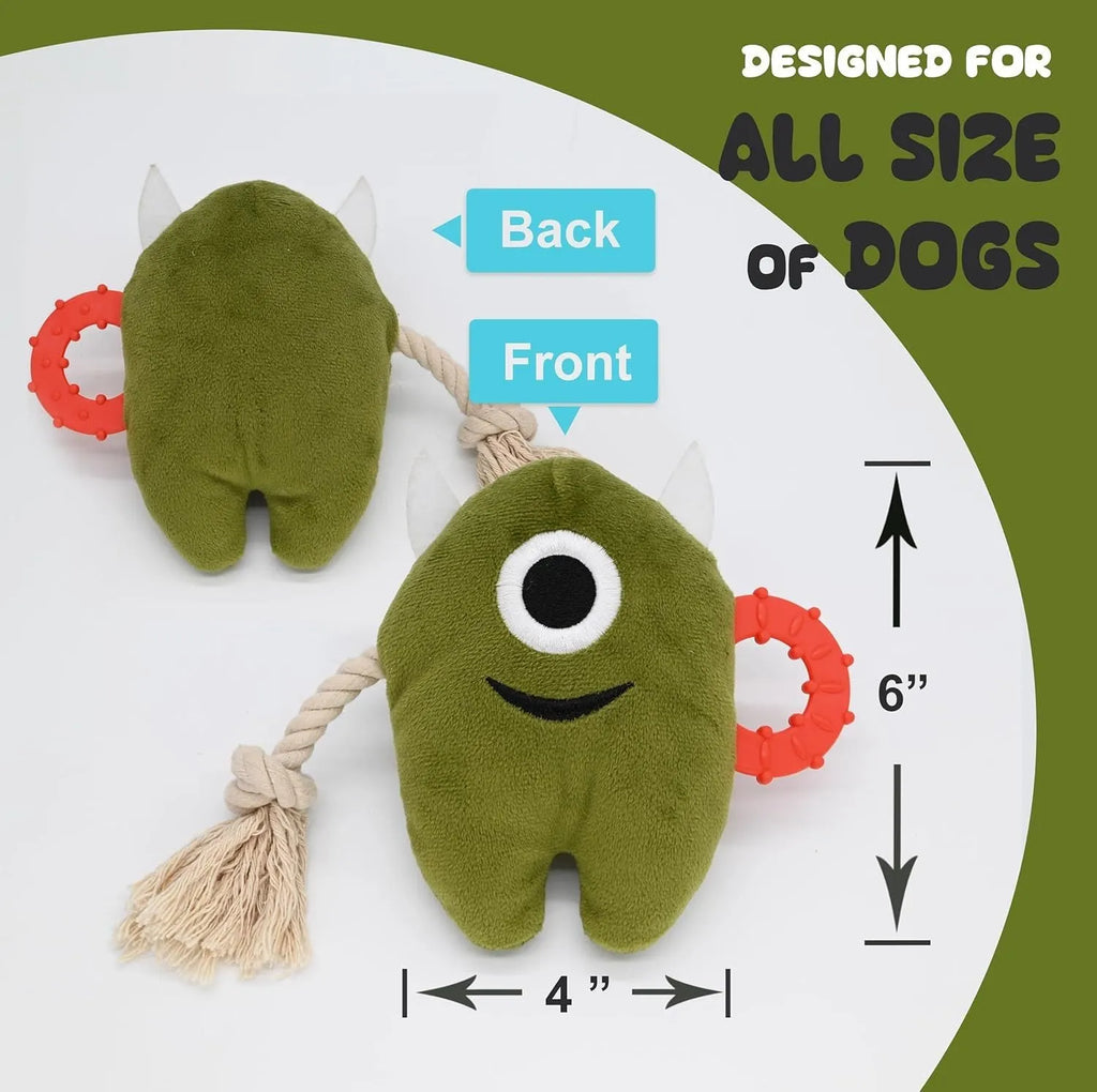 Blue and green plush dog toy with integrated rope and squeaker for chewing and tug-of-war play